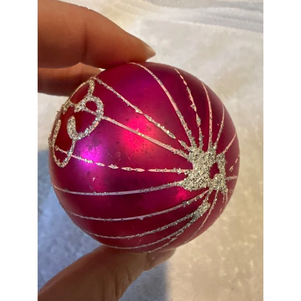 West Germany Glass‎ Christmas Ornament Magenta Glitter Design 2.5